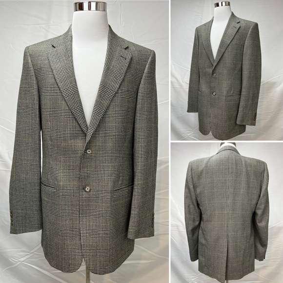 Men's Gatsby 44XL Lambswool Houndstooth Plaid Brown Tan 2-Button Blazer Jacket - Picture 3 of 12